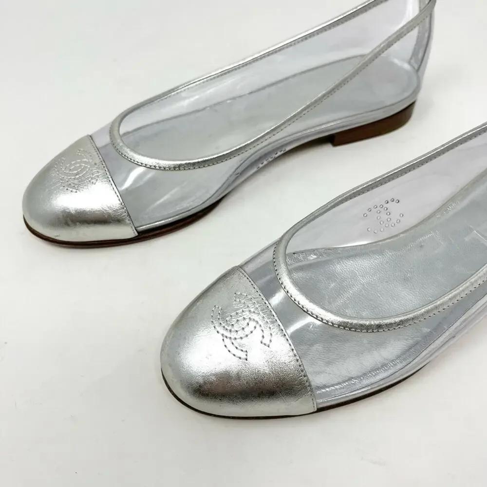 Chanel Interlocking CC Logo Silver Ballet Flat Cap Toe PVC Flat Size 36.5 EU